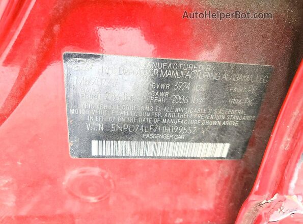 5NPD74LF7HH199552 2017 HYUNDAI ELANTRA Red 