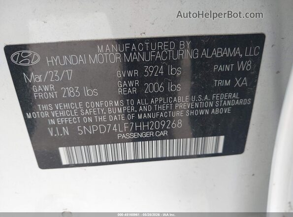 5NPD74LF7HH209268 2017 HYUNDAI ELANTRA White Вид підкапотного простору