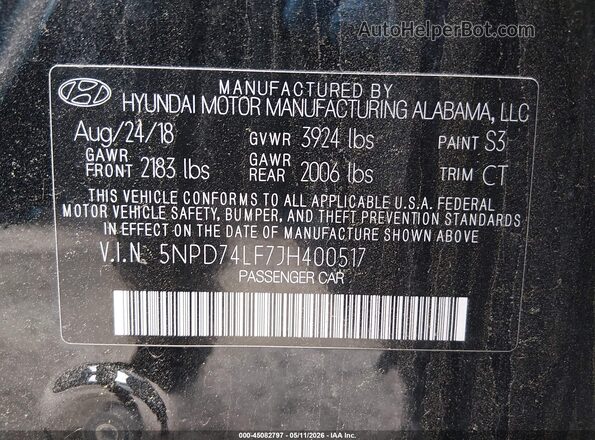 5NPD74LF7JH400517 2018 HYUNDAI ELANTRA Black Շարժիչի բաժամունքի տեսք