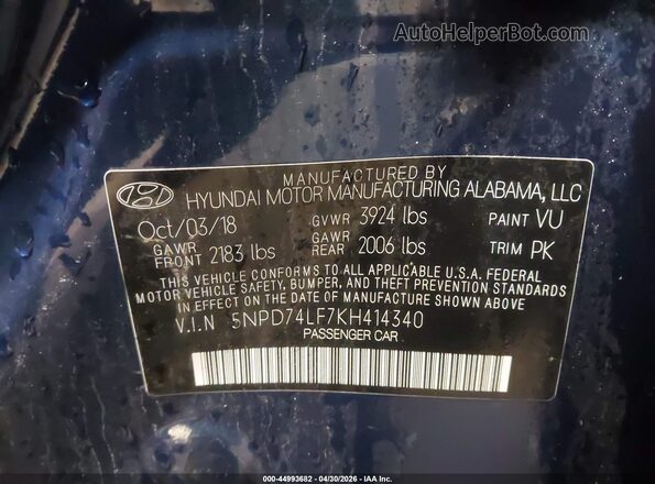 5NPD74LF7KH414340 2019 HYUNDAI ELANTRA Blue Շարժիչի բաժամունքի տեսք