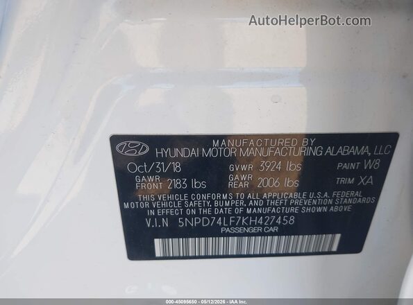 5NPD74LF7KH427458 2019 HYUNDAI ELANTRA White Vista del compartimento del motor