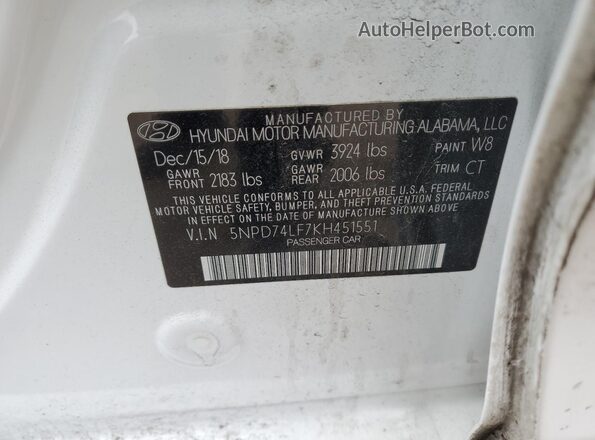 5NPD74LF7KH451551 2019 HYUNDAI ELANTRA White ძრავის განყოფილების ხედი