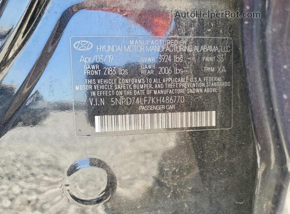 5NPD74LF7KH486770 2019 HYUNDAI ELANTRA Black 