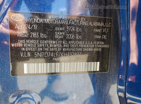 5NPD74LF7KH492827 2019 HYUNDAI ELANTRA Blue Engine compartment view