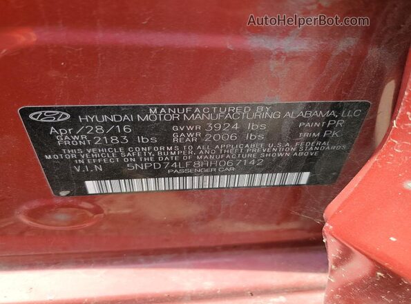 5NPD74LF8HH067142 2017 HYUNDAI ELANTRA Red Widok naklejki z numerem VIN