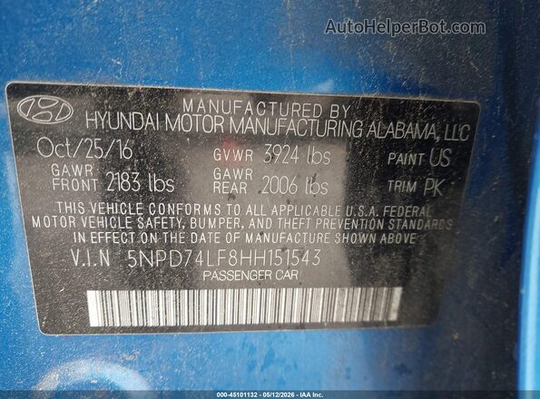 5NPD74LF8HH151543 2017 HYUNDAI ELANTRA Blue 