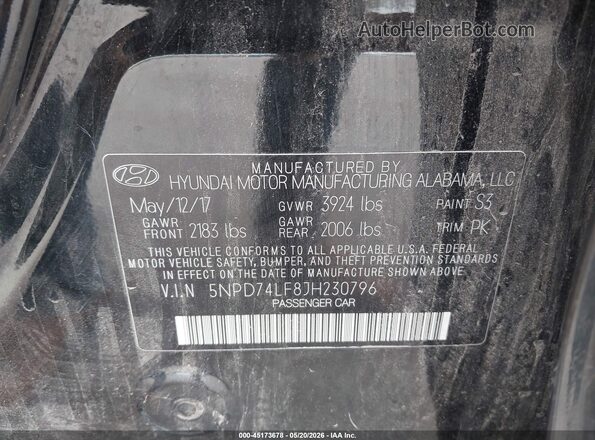 5NPD74LF8JH230796 2018 HYUNDAI ELANTRA Black 