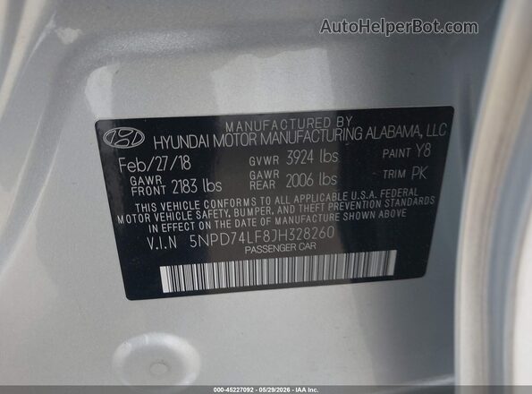 5NPD74LF8JH328260 2018 HYUNDAI ELANTRA Silver ძრავის განყოფილების ხედი