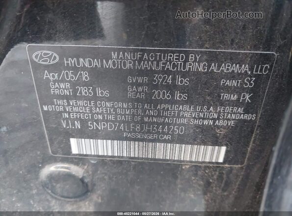 5NPD74LF8JH344250 2018 HYUNDAI ELANTRA Black ძრავის განყოფილების ხედი
