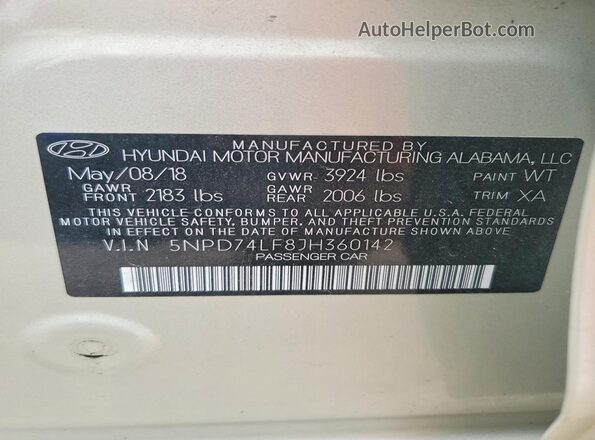 5NPD74LF8JH360142 2018 HYUNDAI ELANTRA Beige Widok naklejki z numerem VIN