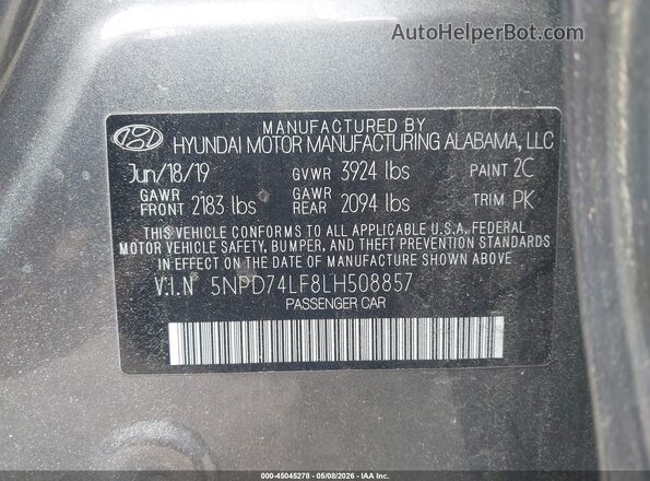 5NPD74LF8LH508857 2020 HYUNDAI ELANTRA Gray 
