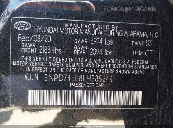 5NPD74LF8LH585244 2020 HYUNDAI ELANTRA Black Widok komory silnika