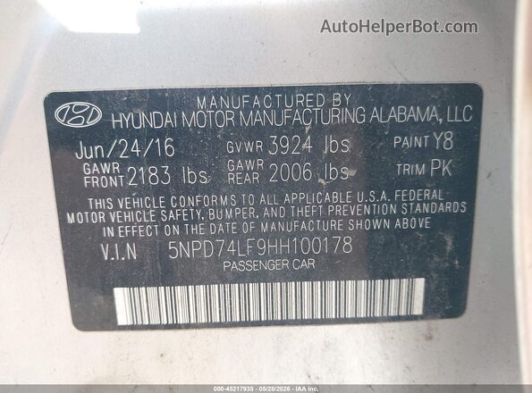 5NPD74LF9HH100178 2017 HYUNDAI ELANTRA Серебряный Вид подкапотного пространства