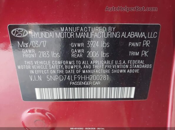 5NPD74LF9HH200281 2017 HYUNDAI ELANTRA Red 