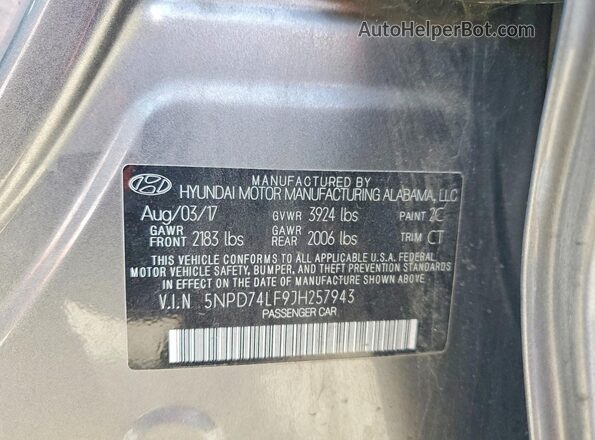 5NPD74LF9JH257943 2018 HYUNDAI ELANTRA Gray 