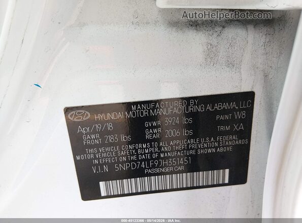 5NPD74LF9JH351451 2018 HYUNDAI ELANTRA White Widok komory silnika