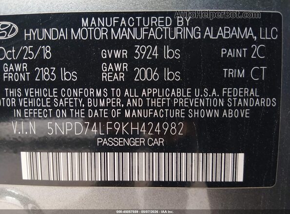 5NPD74LF9KH424982 2019 HYUNDAI ELANTRA Gray Engine compartment view