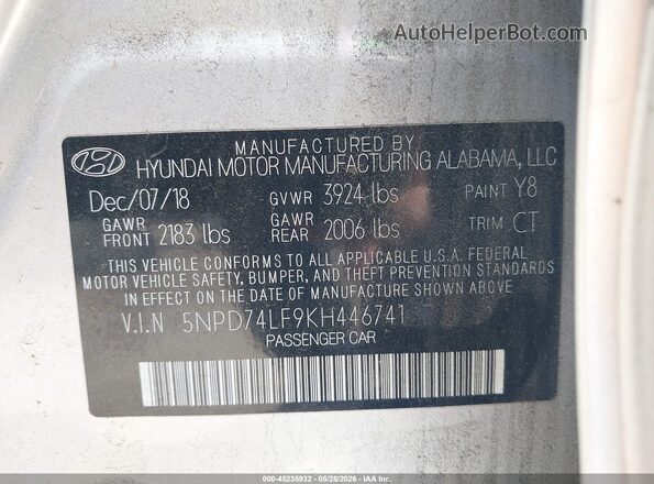 5NPD74LF9KH446741 2019 HYUNDAI ELANTRA Серый Вид подкапотного пространства
