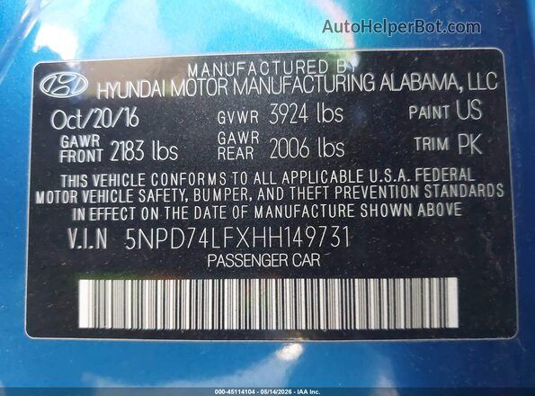 5NPD74LFXHH149731 2017 HYUNDAI ELANTRA Синий Вид подкапотного пространства