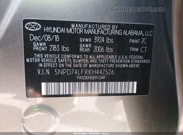 5NPD74LFXKH447526 2019 HYUNDAI ELANTRA Серый Вид подкапотного пространства