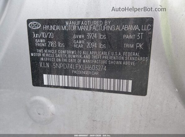 5NPD74LFXLH603274 2020 HYUNDAI ELANTRA Silver ძრავის განყოფილების ხედი
