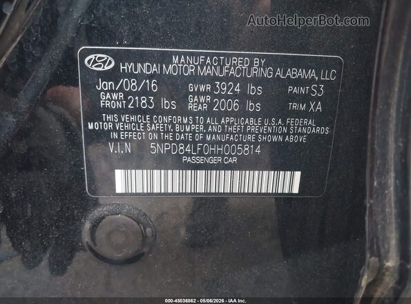 5NPD84LF0HH005814 2017 HYUNDAI ELANTRA Black Vista del compartimento del motor