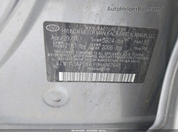 5NPD84LF0HH067648 2017 HYUNDAI ELANTRA Silver Вид підкапотного простору