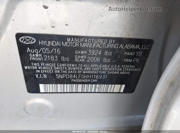 5NPD84LF0HH116931 2017 HYUNDAI ELANTRA Silver Շարժիչի բաժամունքի տեսք