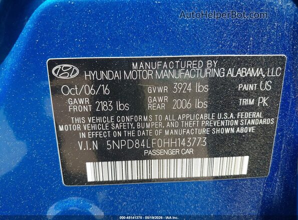 5NPD84LF0HH143773 2017 HYUNDAI ELANTRA Blue ძრავის განყოფილების ხედი