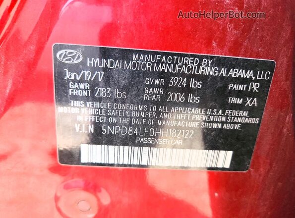 5NPD84LF0HH182122 2017 HYUNDAI ELANTRA Red 