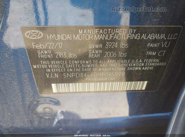 5NPD84LF0HH195999 2017 HYUNDAI ELANTRA Blue 
