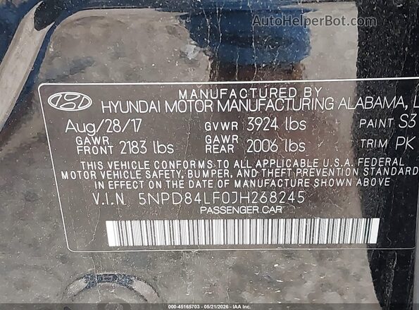 5NPD84LF0JH268245 2018 HYUNDAI ELANTRA Черный Вид подкапотного пространства