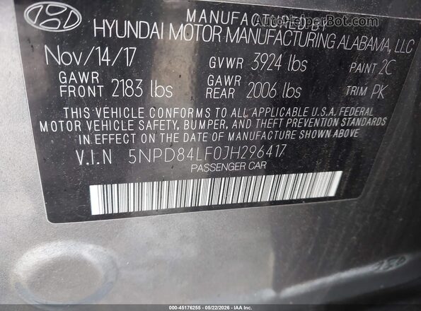 5NPD84LF0JH296417 2018 HYUNDAI ELANTRA Gray Շարժիչի բաժամունքի տեսք
