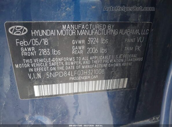 5NPD84LF0JH321008 2018 HYUNDAI ELANTRA Blue 