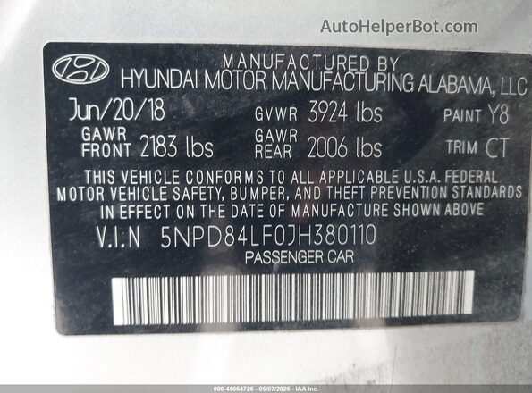 5NPD84LF0JH380110 2018 HYUNDAI ELANTRA Silver Շարժիչի բաժամունքի տեսք
