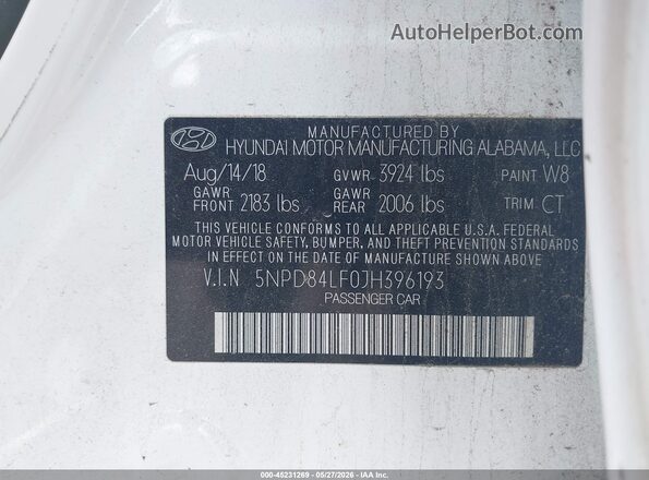 5NPD84LF0JH396193 2018 HYUNDAI ELANTRA White 