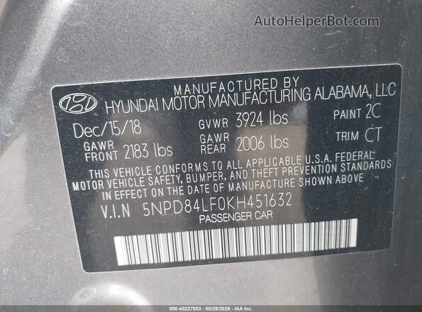 5NPD84LF0KH451632 2019 HYUNDAI ELANTRA Gray Vista del compartimento del motor