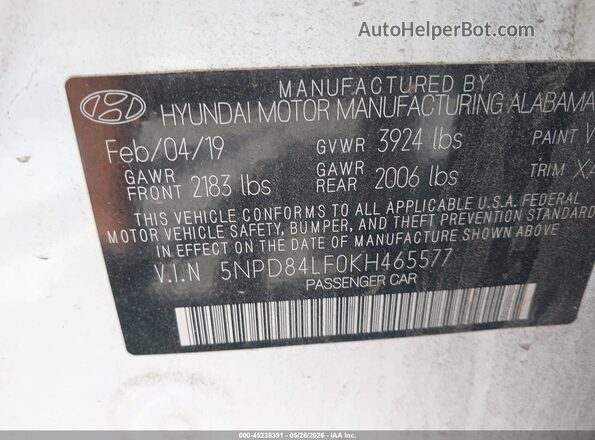 5NPD84LF0KH465577 2019 HYUNDAI ELANTRA Белый Вид подкапотного пространства