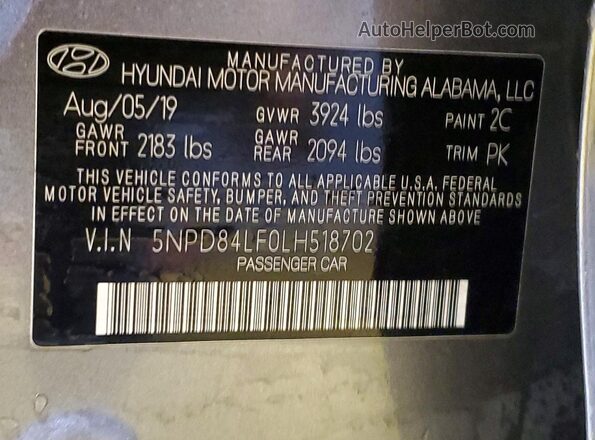 5NPD84LF0LH518702 2020 HYUNDAI ELANTRA Gray VIN կոդի պիտակի տեսք