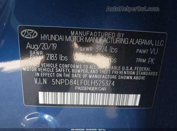 5NPD84LF0LH525374 2020 HYUNDAI ELANTRA Dark Blue Շարժիչի բաժամունքի տեսք