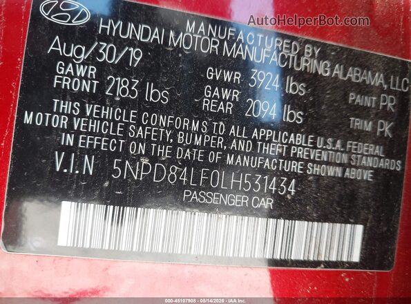 5NPD84LF0LH531434 2020 HYUNDAI ELANTRA Red 