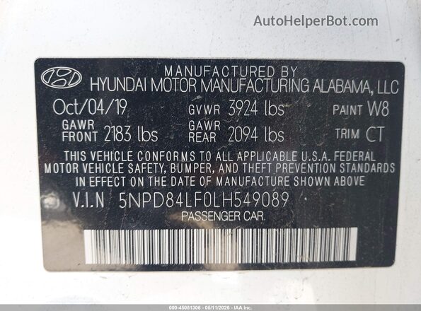 5NPD84LF0LH549089 2020 HYUNDAI ELANTRA White Vista del compartimento del motor