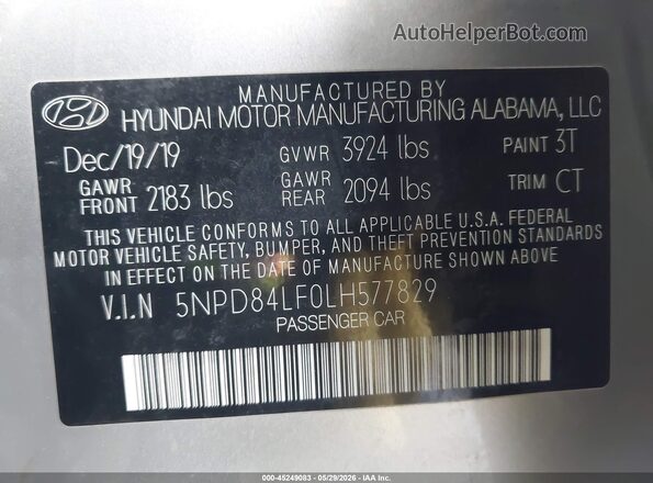 5NPD84LF0LH577829 2020 HYUNDAI ELANTRA Silver Вид підкапотного простору