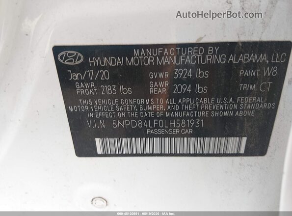 5NPD84LF0LH581931 2020 HYUNDAI ELANTRA Белый Вид подкапотного пространства