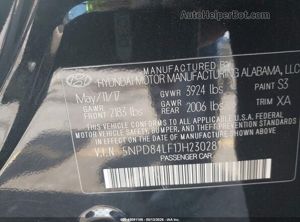 5NPD84LF1JH230281 2018 HYUNDAI ELANTRA Black ძრავის განყოფილების ხედი