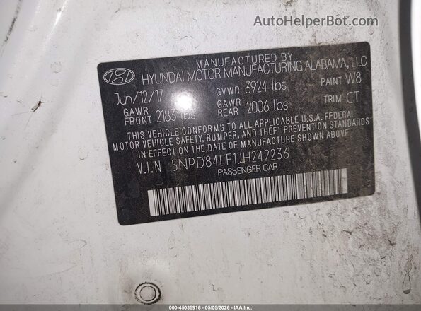 5NPD84LF1JH242236 2018 HYUNDAI ELANTRA Белый Вид подкапотного пространства