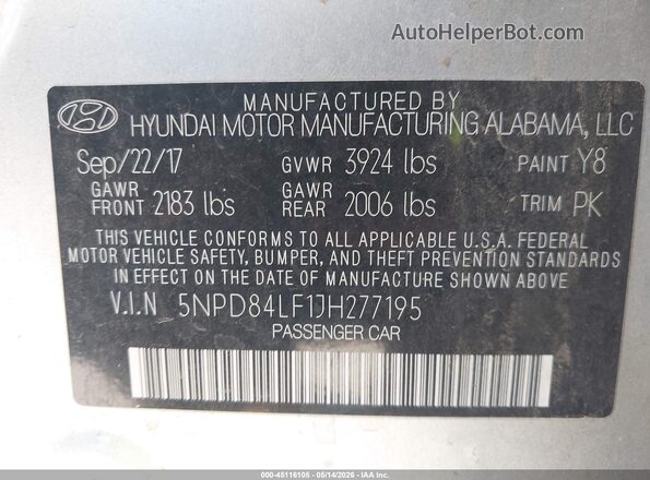 5NPD84LF1JH277195 2018 HYUNDAI ELANTRA Silver ძრავის განყოფილების ხედი