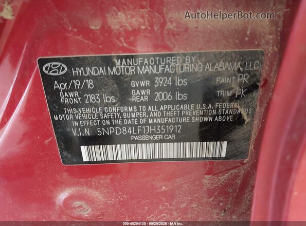 5NPD84LF1JH351912 2018 HYUNDAI ELANTRA Red Շարժիչի բաժամունքի տեսք