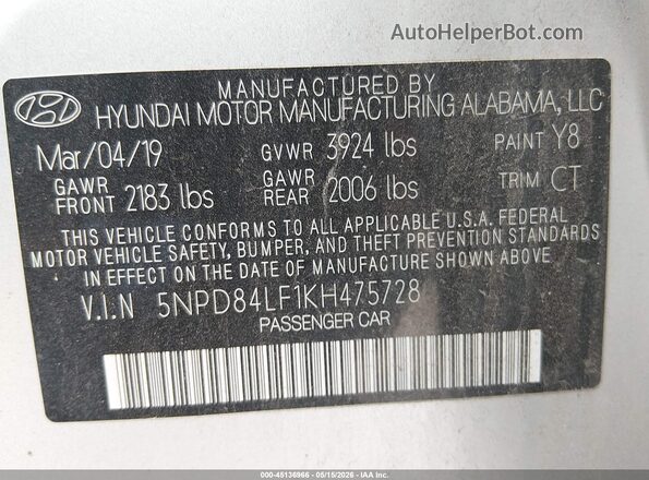 5NPD84LF1KH475728 2019 HYUNDAI ELANTRA Silver Widok komory silnika