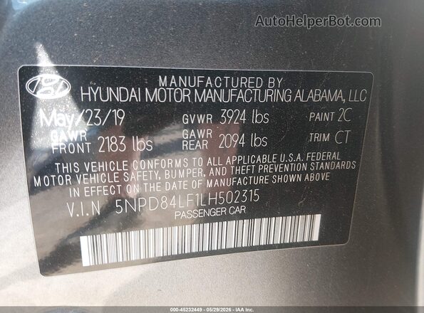 5NPD84LF1LH502315 2020 HYUNDAI ELANTRA Gray Շարժիչի բաժամունքի տեսք